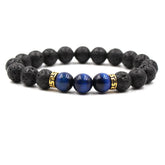 Black Lava Volcanic Stone Three Tiger Eye Stone White Turquoise Elastic Bracelet Gold