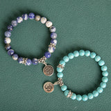 Men's 8MM Indian Agate Blue Grain Stone Lotus Letter Beaded Bracelet