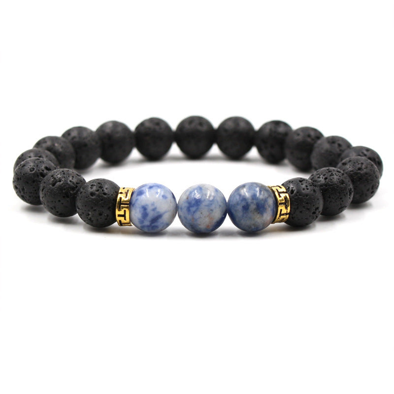 Black Lava Volcanic Stone Three Tiger Eye Stone White Turquoise Elastic Bracelet Gold