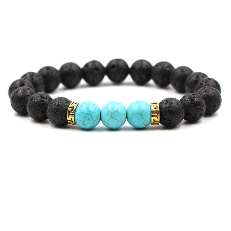Black Lava Volcanic Stone Three Tiger Eye Stone White Turquoise Elastic Bracelet Gold